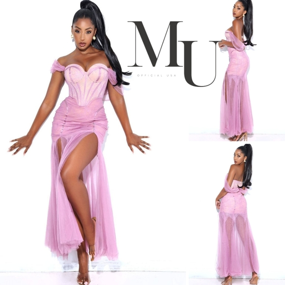 Miss Circle Dresses & Skirts - 💞Yaira Blush Lace Mesh Off Shoulder Corset Maxi Dress💜
